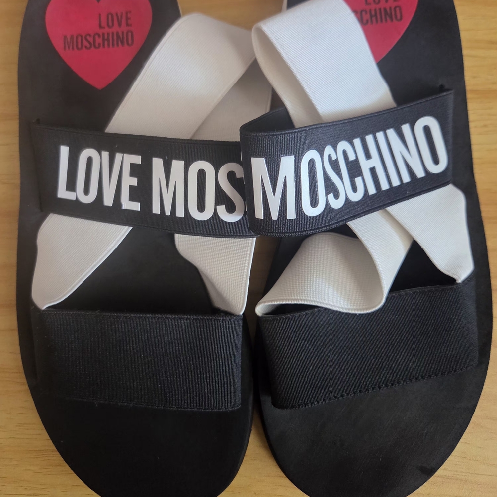 Love Moschino Black & White Logo Elastic Slide Sandals